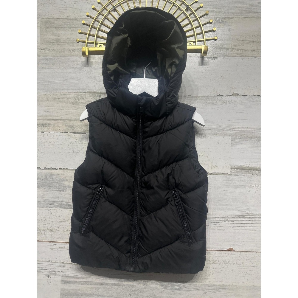 Zara Puffer Vest Kids Size 5 Black‎ Chevron Quilted Hooded EUC